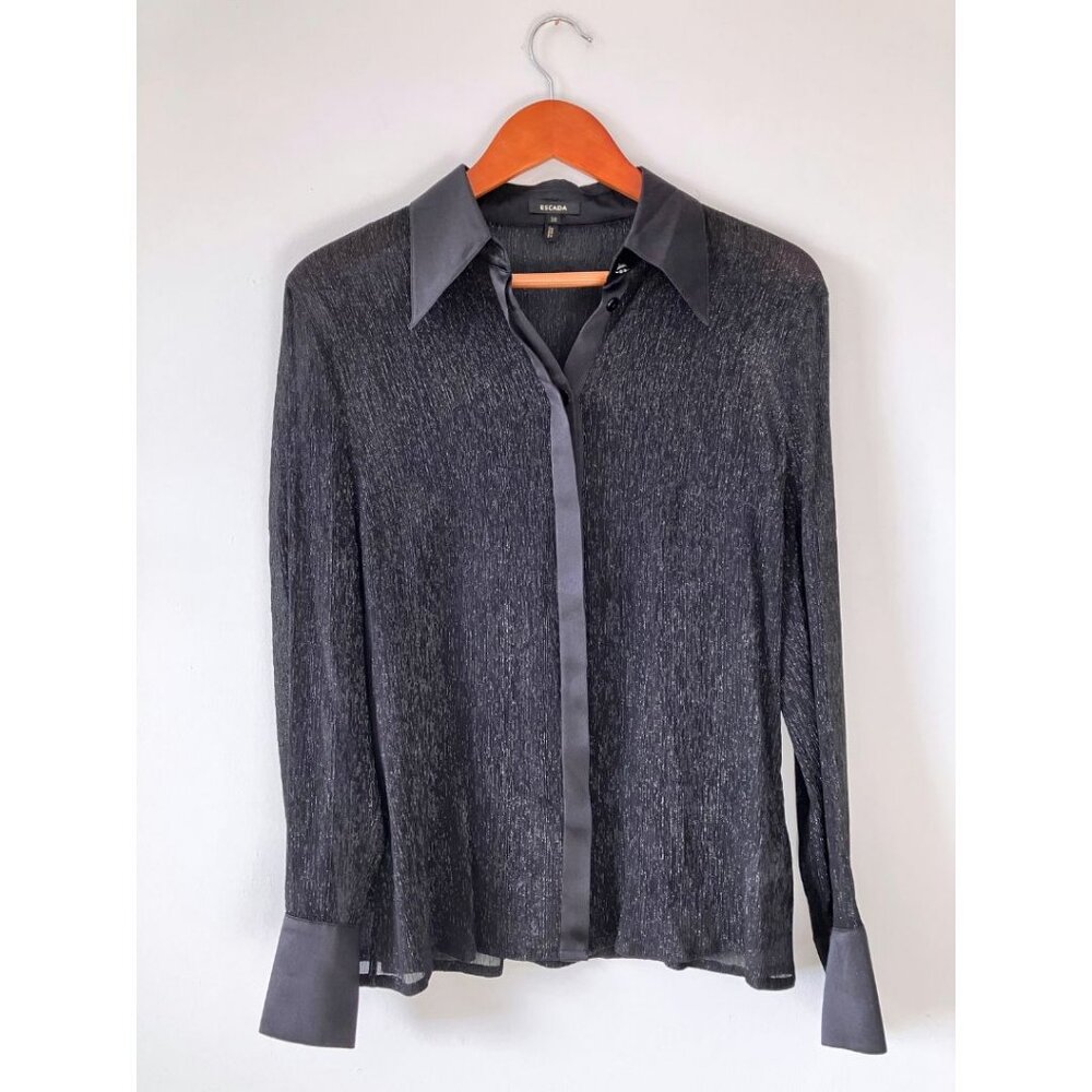Escada Shimmery Semi-Sheer Silk Blouse Black Size 38